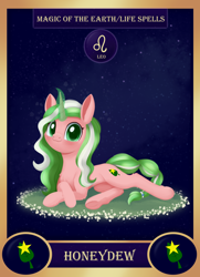 Size: 1300x1800 | Tagged: safe, artist:dusthiel, part of a set, oc, oc only, oc:honeydew, species:pony, species:unicorn, g4, blushing, card, commission, cutie mark, female, glowing horn, horn, leo, looking at you, lying down, magic, mare, smiling, solo, zodiac