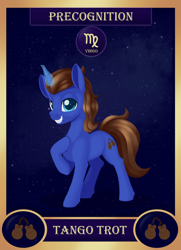 Size: 1300x1800 | Tagged: safe, artist:dusthiel, part of a set, oc, oc only, oc:tango trot, species:pony, species:unicorn, g4, card, commission, cutie mark, glowing horn, hoof on chest, hooves, horn, looking at you, magic, smiling, solo, tail, virgo, zodiac