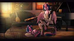 Size: 9600x5400 | Tagged: safe, artist:imafutureguitarhero, character:twilight sparkle, character:twilight sparkle (alicorn), species:alicorn, species:anthro, species:pony, species:unguligrade anthro, g4, 3d, anthro ponidox, book, bookshelf, chair, choker, clothing, couch, cutie mark, dress, duo, duo female, explicit source, female, females only, french maid, guitar, horn, jewelry, lute, lying down, maid, maid headdress, mare, musical instrument, necklace, piano, sitting, sleeping, smol, source filmmaker, spread wings, wings