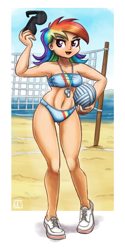 Size: 1100x2200 | Tagged: safe, artist:king-kakapo, character:rainbow dash, species:human, g4, beach, beach volleyball, belly, belly button, bikini, clothing, eyebrows, female, humanized, looking at you, open mouth, outdoors, shoes, sneakers, solo, species swap, sports, sunglasses, swimsuit, volleyball, volleyball net, whistle