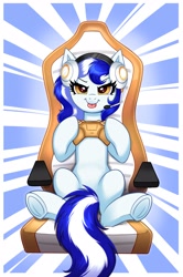 Size: 2649x4000 | Tagged: safe, artist:confetticakez, oc, oc only, species:earth pony, species:pony, abstract background, chair, controller, cute, female, headphones, headset, mare, microphone, narrowed eyes, ocbetes, serious, serious face, sitting, solo, tail, tongue out, ych result