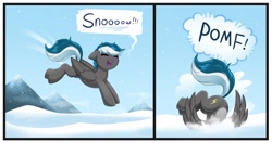 Size: 4096x2162 | Tagged: safe, artist:confetticakez, oc, oc only, species:pegasus, species:pony, cutie mark, dialogue, male, mountain, open mouth, ponified animal photo, silly, snow, snowfall, solo, stallion, tail, text, wings, ych result