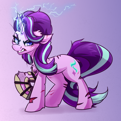 Size: 4000x4000 | Tagged: safe, artist:witchtaunter, character:starlight glimmer, species:pony, species:unicorn, g4, absurd resolution, angry, chest fluff, commission, ear fluff, electricity, eye clipping through hair, eyebrows, eyebrows visible through hair, female, floppy ears, frown, gradient background, gritted teeth, injured, looking at you, magic, mare, raised hoof, simple background, solo, teeth, three quarter view