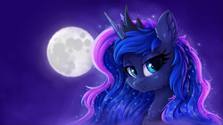Size: 3637x2036 | Tagged: safe, artist:zeepheru_pone, character:princess luna, species:alicorn, species:pony, g4, bust, cheek fluff, chest fluff, ear fluff, ethereal mane, female, fluffy, galaxy mane, high res, jewelry, looking at you, mare, moon, necklace, night, night sky, peytral, portrait, sky, smiling, smiling at you, solo, three quarter view