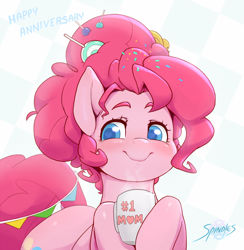 Size: 1170x1200 | Tagged: safe, artist:spindlesx, derpibooru original, character:pinkie pie, species:earth pony, species:pony, episode:the last problem, g4, my little pony: friendship is magic, adorable face, alternate hairstyle, anniversary, blushing, candy, chocolate, colored eyebrows, colored pupils, confetti, cute, cutie mark, diapinkes, drink, eyebrows, female, food, happy, happy anniversary, heart eyes, hot chocolate, lollipop, mare, mlp fim's ninth anniversary, mother, mug, older, older pinkie pie, rubber duck, simple background, smiling, solo, sprinkles, steam, text, toy, white background, wingding eyes