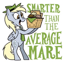 Size: 943x920 | Tagged: safe, artist:mellodillo, character:derpy hooves, species:pegasus, species:pony, g4, basket, bipedal, clothing, cute, derpabetes, female, food, hat, mare, muffin, necktie, open mouth, open smile, picnic basket, simple background, smiling, solo, text, that pony sure does love muffins, three quarter view, white background, wings, yogi bear
