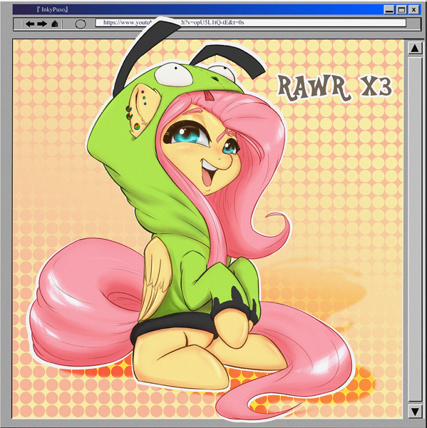 Size: 1500x1503 | Tagged: safe, artist:inkypuso, manebooru spotlight, character:fluttershy, oc, oc:fluttgirshy, species:pegasus, species:pony, g4, antonymph, clothing, colored eyebrows, cute, ear piercing, earring, eyebrows, female, hoodie, jewelry, mare, open mouth, piercing, shyabetes, sitting, solo, three quarter view