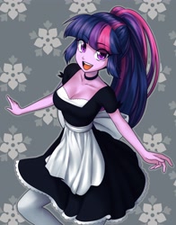 Size: 3218x4096 | Tagged: safe, artist:rileyav, character:twilight sparkle, species:eqg human, g4, my little pony:equestria girls, adorasexy, breasts, busty twilight sparkle, cleavage, clothing, cute, dress, female, looking at you, maid, maidlight sparkle, open mouth, open smile, ponytail, sexy, smiling, smiling at you, socks, solo, stockings, thigh highs, twiabetes