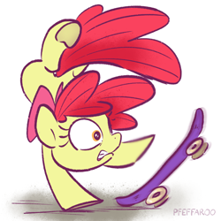 Size: 2048x2048 | Tagged: safe, artist:pfeffaroo, character:apple bloom, species:earth pony, species:pony, g4, apple family member, fail, female, filly, signature, simple background, skateboard, solo, this will end in pain, underhoof, white background, young