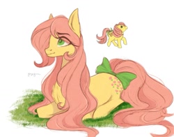 Size: 1200x940 | Tagged: safe, artist:fayefins, character:posey, species:earth pony, species:pony, g1, bow, colored pupils, cute, eye clipping through hair, eyebrows, eyebrows visible through hair, female, g1betes, lying down, mare, poseybetes, profile, prone, tail bow