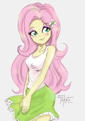 Size: 423x606 | Tagged: safe, artist:tokatl, character:fluttershy, species:eqg human, g4, my little pony:equestria girls, blushing, breasts, cleavage, clothing, cute, eyebrows, female, gray background, shyabetes, signature, simple background, skirt, solo, tank top