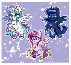 Size: 2473x2244 | Tagged: safe, artist:lou, character:princess cadance, character:princess celestia, character:princess luna, species:alicorn, species:pony, g4, abstract background, alicorn triarchy, clothing, crown, cute, cutedance, cutelestia, ethereal mane, female, flying, freckles, galaxy mane, hoof shoes, jewelry, looking at you, lunabetes, mare, regalia, shoes, signature, smiling, spread wings, starry tail, tail, trio, trio female, wings
