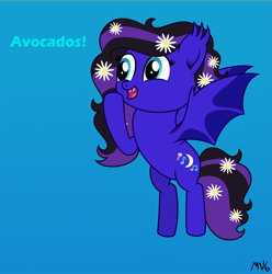 Size: 5419x5469 | Tagged: safe, artist:s-class-destroyer, oc, oc only, species:bat pony, species:pony, bat pony oc, blue background, calling, cheering, dandelion, digital art, ear fluff, female, flowers, gradient background, in the air, open mouth, shouting, simple background, solo, solo female, vector, wings extended