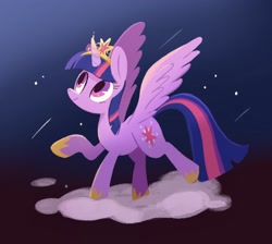Size: 1718x1536 | Tagged: dead source, safe, artist:kuroorcas, character:twilight sparkle, character:twilight sparkle (alicorn), species:alicorn, species:pony, g4, big crown thingy, clothing, cloud, crown, cutie mark, element of magic, female, gradient background, hoof shoes, hooves, horn, jewelry, looking up, mare, on a cloud, raised hoof, regalia, shoes, solo, spread wings, standing on a cloud, stars, tiara, wings