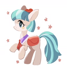 Size: 1643x1764 | Tagged: dead source, safe, artist:kuroorcas, character:coco pommel, species:earth pony, species:pony, g4, blushing, female, mare, profile, rearing, saddle bag, simple background, smiling, solo, stars, white background