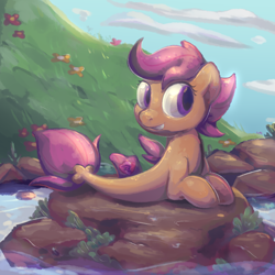 Size: 1024x1024 | Tagged: safe, artist:kukie, derpibooru original, character:scootaloo, species:pony, species:seapony (g4), g4, cloud, cute, cutealoo, detailed background, eyelashes, female, filly, flower, foal, grass, looking right, lying down, prone, rock, seaponified, seapony scootaloo, signature, sky, smiling, solo, species swap, three quarter view, water, young