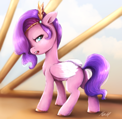 Size: 1968x1912 | Tagged: safe, artist:buttersprinkle, character:pipp petals, species:pegasus, species:pony, g5, my little pony: a new generation, alternate eye color, angry, blue eyes, butt, circlet, colored hooves, colored pupils, cute, dock, eyelashes, feathered wings, female, floppy ears, folded wings, frown, hooves, looking at you, looking back, looking back at you, madorable, mare, open mouth, pipp butt, pipp is not amused, pipp petals is not amused, pipp wings, pippbutt, plot, profile, rear view, signature, solo, tail, unamused, unshorn fetlocks, wings