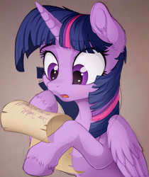 Size: 3170x3770 | Tagged: safe, artist:awalex, character:twilight sparkle, character:twilight sparkle (alicorn), species:alicorn, species:pony, g4, ear fluff, female, high res, letter, mare, open mouth, paper, reading, scroll, simple background, solo, three quarter view, unshorn fetlocks, wings