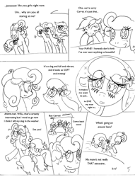 Size: 1012x1327 | Tagged: safe, artist:terrichance, character:carrot top, character:daisy, character:golden harvest, character:lily, character:lily valley, character:roseluck, species:pony, g4, alternate hairstyle, black and white, blushing, comic, cutie mark, dialogue, eye clipping through hair, eyebrows, eyebrows visible through hair, eyelashes, eyes closed, female, females only, flower, flower in hair, flower trio, grayscale, mare, monochrome, smiling, sweat, text, the mane attraction (comic)