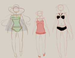 Size: 1109x854 | Tagged: safe, artist:ghelley, character:daisy, character:lily, character:lily valley, character:roseluck, species:human, g4, ask the flower trio, bikini, black swimsuit, clothing, concept art, female, flower, flower in hair, flower trio, green swimsuit, hat, humanized, one-piece swimsuit, orange swimsuit, sketch, species swap, swimsuit, trio, trio female