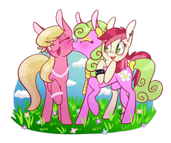 Size: 2300x1921 | Tagged: safe, artist:cartoonboyfriends, character:daisy, character:lily, character:lily valley, character:roseluck, species:earth pony, species:pony, g4, blushing, bow, clothing, cutie mark, ear piercing, earring, eyelashes, eyes closed, eyeshadow, female, females only, flower, flower in hair, hair bow, jewelry, kiss on the cheek, kissing, lesbian, makeup, mare, necklace, ot3, pearl necklace, piercing, polyamory, scarf, shipping, tail, transparent background, trio, trio female
