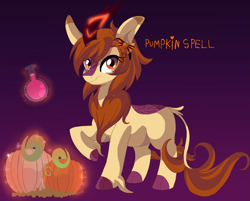 Size: 3379x2714 | Tagged: safe, artist:spookyle, oc, oc only, oc:pumpkin spell, species:kirin, g4, cloven hooves, colored hooves, cute, female, food, glowing horn, gradient background, high res, hooves, horn, kirin oc, levitation, looking at you, magic, magic aura, non-pony oc, ocbetes, potion, pumpkin, raised hoof, simple background, smiling, solo, telekinesis, text, three quarter view