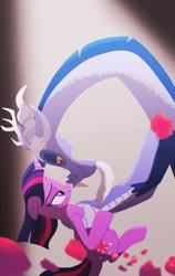 Size: 1217x1921 | Tagged: safe, artist:bearmation, character:discord, character:twilight sparkle, character:twilight sparkle (alicorn), species:alicorn, species:draconequus, species:pony, ship:discolight, episode:three's a crowd, g4, my little pony: friendship is magic, blue flu, female, looking at each other, male, mare, profile, romantic, rose petals, shipping, smiling, smiling at each other, straight