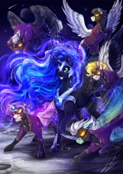 Size: 3508x4961 | Tagged: safe, artist:lupiarts, character:fleetfoot, character:nightmare moon, character:princess flurry heart, character:princess luna, character:soarin', character:surprise, character:thunderlane, species:alicorn, species:pegasus, species:pony, g4, alternate universe, armor, clothing, costume, dark, digital art, drawing, empress, epic, evil, evil grin, feather, female, flying, galaxy, goggles, grin, group, illustration, male, mare, moon, night, shadowbolts, shadowbolts (nightmare moon's minions), shadowbolts costume, signature, smiling, spread wings, stallion, teenage flurry heart, teenager, wings
