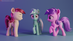 Size: 5760x3240 | Tagged: safe, artist:therealdjthed, character:amethyst star, character:lyra heartstrings, character:roseluck, character:sparkler, species:earth pony, species:pony, species:unicorn, g4, 3d, blender, cute, cutie mark, eyebrows, eyelashes, eyes closed, female, females only, hooves, horn, mare, one hoof raised, open mouth, smiling, trio, trio female