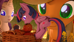 Size: 3840x2160 | Tagged: safe, artist:sylthena, character:applejack, character:rarity, character:twilight sparkle, species:alicorn, species:earth pony, species:pony, species:unicorn, ship:rarijack, g4, 3d, apple, apple basket, basket, camping, colored hooves, colored pupils, eating, female, flower, folded wings, food, forest, glowing, glowing eyes, grass, hooves, lesbian, mare, profile, romantic, shipping, shrinking, source filmmaker, stealing, tail, thief, tree, unshorn fetlocks, wings