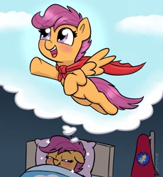 Size: 1629x1773 | Tagged: safe, artist:heretichesh, character:scootaloo, species:pegasus, species:pony, g4, bed, blank flank, blushing, cape, clothing, cmc cape, cute, cutealoo, dream, eye clipping through hair, eyebrows, eyebrows visible through hair, female, filly, floppy ears, flying, foal, open mouth, open smile, sleeping, smiling, solo, sparkles, spread wings, sweet dreams fuel, thought bubble, three quarter view, wings, young
