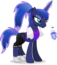 Size: 4549x5208 | Tagged: safe, artist:anime-equestria, character:princess luna, species:alicorn, species:pony, g4, alternate hairstyle, bottle, clothing, digital art, eyeshadow, female, glowing horn, hairband, horn, levitation, magic, makeup, mare, ponytail, shoes, shorts, simple background, solo, telekinesis, tomboy, towel, transparent background, vector, water bottle, wings
