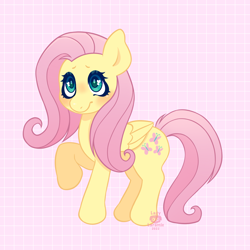 Size: 2048x2048 | Tagged: safe, artist:0laramie0, character:fluttershy, species:pegasus, species:pony, g4, blushing, checkered background, colored pupils, cute, eyebrows, female, heart eyes, high res, mare, pink background, raised hoof, shyabetes, simple background, solo, three quarter view, wingding eyes