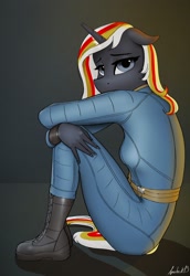 Size: 2160x3140 | Tagged: safe, artist:apocheck13, oc, oc only, oc:velvet remedy, species:anthro, species:plantigrade anthro, species:unicorn, fallout equestria, boots, breasts, clothing, crossover, explicit source, eyebrows, eyelashes, fallout, female, floppy ears, horn, jumpsuit, looking at you, mare, shadow, shoes, signature, simple background, sitting, small breasts, solo, three quarter view, vault suit, worried