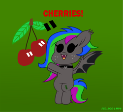Size: 5803x5283 | Tagged: safe, artist:s-class-destroyer, oc, oc:thornleigh, species:bat pony, species:pony, bat pony oc, bipedal, cherries, chibi, cute, digital art, ear fluff, female, fruit, gradient background, green background, leaves, open mouth, simple background, solo, solo female, vector, wings extended