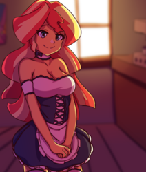 Size: 2200x2600 | Tagged: safe, artist:rockset, character:sunset shimmer, species:eqg human, g4, my little pony:equestria girls, adorasexy, anime, apron, backlighting, bare shoulders, beautiful, breasts, busty sunset shimmer, choker, cleavage, clothing, cute, dress, female, french maid, high res, indoors, jewelry, lidded eyes, looking at you, looking down, maid, minidress, necklace, sexy, shy, smiling, socks, solo, standing, thigh highs, uniform, zettai ryouiki