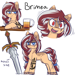 Size: 3000x3000 | Tagged: safe, artist:rivibaes, oc, oc only, oc:brimea, species:earth pony, species:pony, g4, alcohol, beer, blue eyes, braid, braided ponytail, braided tail, cheek fluff, chest fluff, colored hooves, drink, earth pony oc, explicit source, eyebrows, eyebrows visible through hair, fangs, female, fluffy, high res, hooves, mare, no pupils, red eyes take warning, scar, sharp teeth, simple background, solo, sword, tail, tattoo, text, three quarter view, unshorn fetlocks, weapon, white background