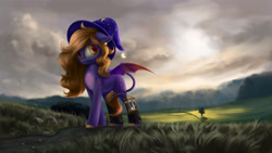 Size: 4000x2250 | Tagged: safe, artist:flusanix, oc, oc only, oc:midnight glow, species:bat pony, species:pony, bat wings, beautiful, clothing, cloud, colored eyelashes, ear fluff, eyelashes, grass, hat, lantern, leonine tail, looking back, road, scenery porn, smiling, socks, solo, tail, technically advanced, tree, wings, wizard hat