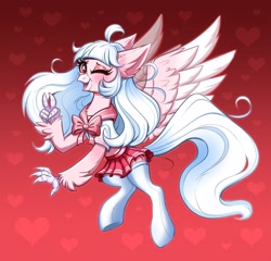 Size: 3772x3616 | Tagged: safe, artist:confetticakez, patreon reward, oc, oc:ophelia, species:classical hippogriff, species:hippogriff, bow, clothing, cute, ear fluff, female, floating heart, flying, heart, looking at you, ocbetes, one eye closed, open mouth, sailor uniform, simple background, skirt, socks, solo, stockings, thigh highs, uniform, wings, wink