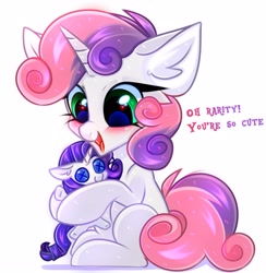 Size: 2932x3000 | Tagged: safe, artist:pesty_skillengton, character:rarity, character:sweetie belle, species:pony, species:unicorn, g4, blushing, chibi, cute, dialogue, diasweetes, female, filly, floppy ears, foal, happy, open mouth, plushie, rarity plushie, simple background, sitting, solo, three quarter view, toy, weapons-grade cute, white background, young