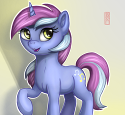 Size: 1178x1083 | Tagged: safe, artist:celsian, species:pony, species:unicorn, background pony, cute, cutie mark, ear fluff, eyebrows, eyelashes, female, hooves, horn, lavender melody, looking back, mare, nachtmusik, one hoof raised, open mouth, simple background, solo