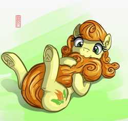 Size: 2971x2834 | Tagged: safe, artist:celsian, character:carrot top, character:golden harvest, species:earth pony, species:pony, g4, cute, cutie mark, cutie top, eating, eyebrows, eyebrows visible through hair, eyelashes, female, frog (hoof), hooves, lying down, mare, nom, on back, silly, silly pony, simple background, solo, tail, tail censor, underhoof