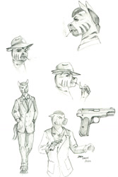 Size: 900x1351 | Tagged: safe, artist:baron engel, oc, oc only, oc:doghouse diamond, species:anthro, species:unguligrade anthro, species:zebra, black and white, business suit, bust, cigarette, detective, explicit source, eyebrows, floppy ears, grayscale, gun, handgun, looking at you, male, monochrome, necktie, noir, pencil drawing, pistol, simple background, sketch, smoking, solo, traditional art, trilby, weapon, white background