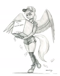 Size: 1100x1395 | Tagged: safe, artist:baron engel, character:derpy hooves, species:anthro, species:pegasus, species:pony, species:unguligrade anthro, g4, black and white, boots, box, clothing, explicit source, female, grayscale, hat, hoof boots, letter, mailmare, mare, monochrome, pencil drawing, shirt, shoes, shorts, simple background, solo, spread wings, tail, traditional art, white background, wings