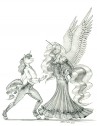 Size: 1100x1416 | Tagged: safe, artist:baron engel, character:princess luna, oc, species:alicorn, species:anthro, species:pony, species:unguligrade anthro, species:unicorn, g4, black and white, breasts, busty princess luna, canon x oc, cleavage, clothing, commission, dress, duo, duo male and female, ethereal mane, eyebrows, female, flamenco, flamenco dress, galaxy mane, grayscale, horn, male, mare, monochrome, pants, pencil drawing, shipping, shirt, simple background, stallion, tail, traditional art, white background, wings