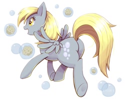 Size: 1228x977 | Tagged: safe, artist:ezoisum, character:derpy hooves, species:pegasus, species:pony, g4, bubble, bubble butt, butt, female, food, mare, muffin, plot, profile, signature, simple background, solo, spread wings, underhoof, white background, wings