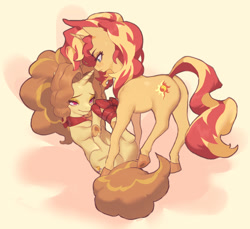 Size: 1084x992 | Tagged: safe, artist:eopo, character:adagio dazzle, character:sunset shimmer, species:pony, species:unicorn, ship:sunsagio, g4, my little pony:equestria girls, abstract background, blushing, bondage, butt, duo, equestria girls ponified, eyebrows, female, gift wrapped, lesbian, lying down, mare, on back, one eye closed, plot, ponified, profile, ribbon, shipping, simple background, species swap, three quarter view, tied up