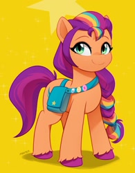 Size: 1594x2048 | Tagged: safe, artist:maren, character:sunny starscout, species:earth pony, species:pony, g5, my little pony: tell your tale, abstract background, bag, colored eyebrows, colored hooves, cute, eyebrows, female, g5.5, hooves, mane stripe sunny, mare, multicolored hair, saddle bag, satchel, signature, simple background, smiling, solo, sunny's buttons, sunnybetes, three quarter view, unshorn fetlocks, yellow background