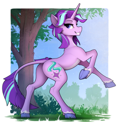 Size: 1520x1585 | Tagged: safe, artist:yakovlev-vad, character:starlight glimmer, species:classical unicorn, species:pony, species:unicorn, g4, alternate hairstyle, butt, cloven hooves, colored eyebrows, colored hooves, eyebrows, female, hooves, leonine tail, lidded eyes, looking at you, mare, nature, plot, profile, raised hoof, rearing, smiling, solo, tail, tree, underhoof, unshorn fetlocks