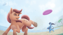 Size: 3840x2160 | Tagged: safe, artist:vandyart, oc, species:earth pony, species:pony, g4, my little pony: the movie (2017), adoptable, beach, bipedal, coat markings, colored hooves, commission, female, hooves, mare, outdoors, raised hoof, raised leg, signature, three quarter view, unshorn fetlocks, ych result